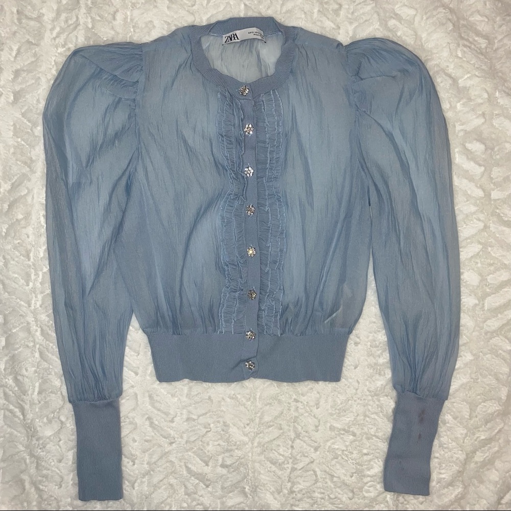 Zara sheer button down puff sleeve top
